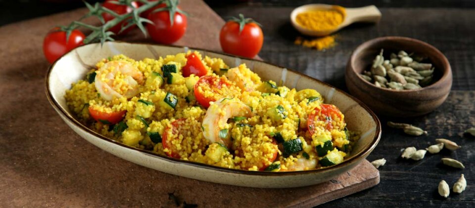 Cous cous con verduras y langostinos