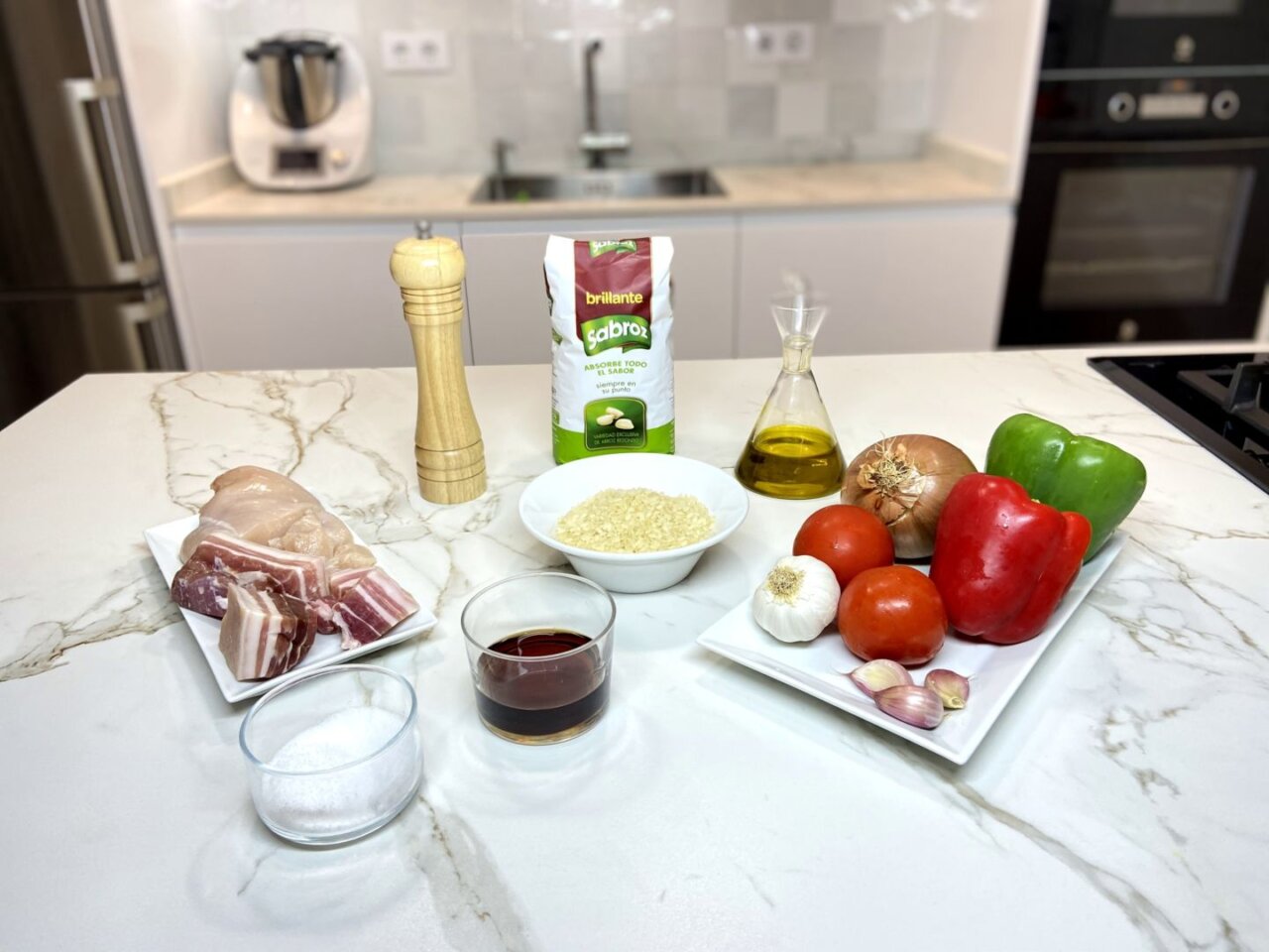 ingredientes para arroz con panceta y pollo