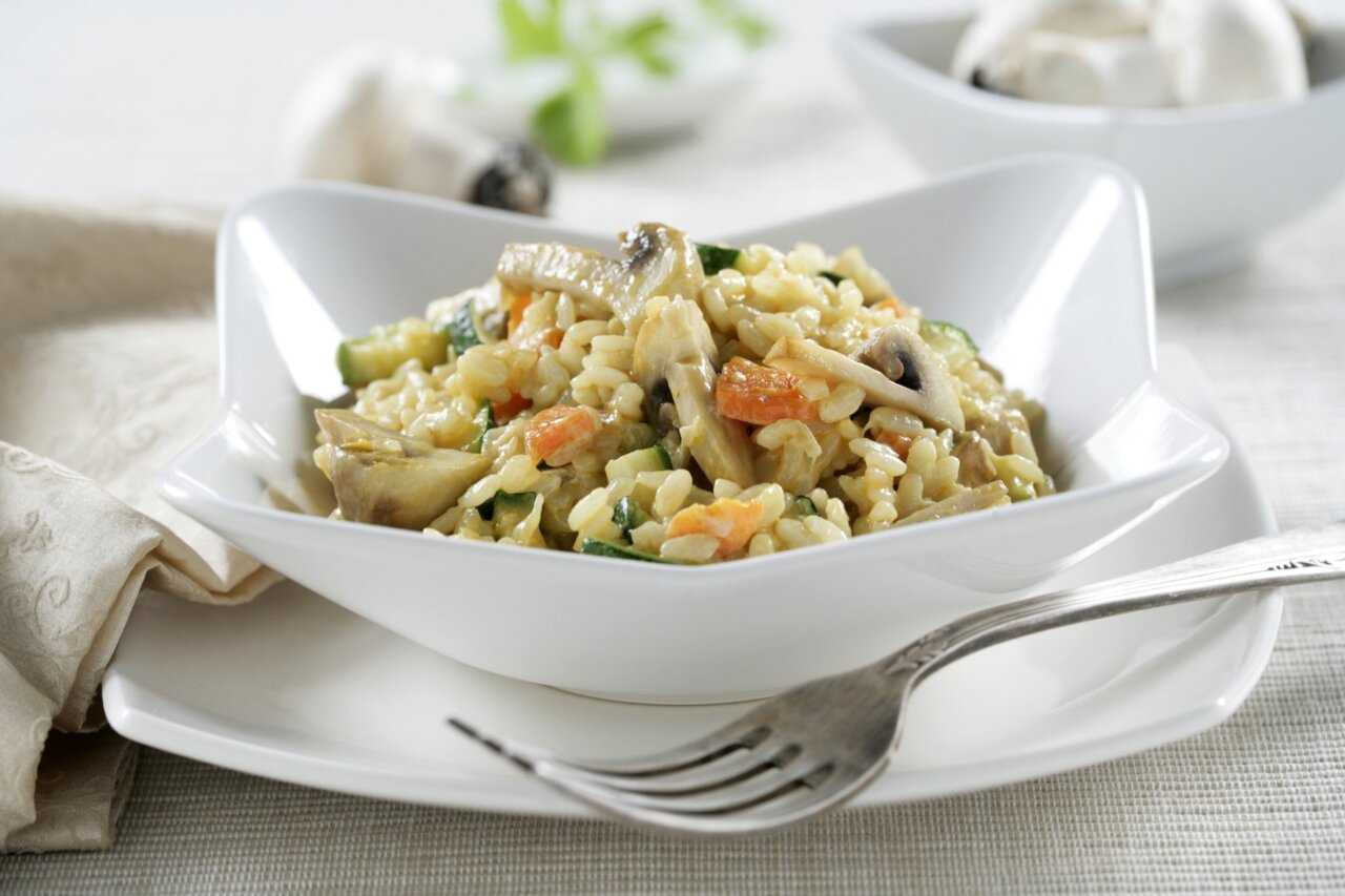 Risotto de champiñón, zanahoria y calabacín