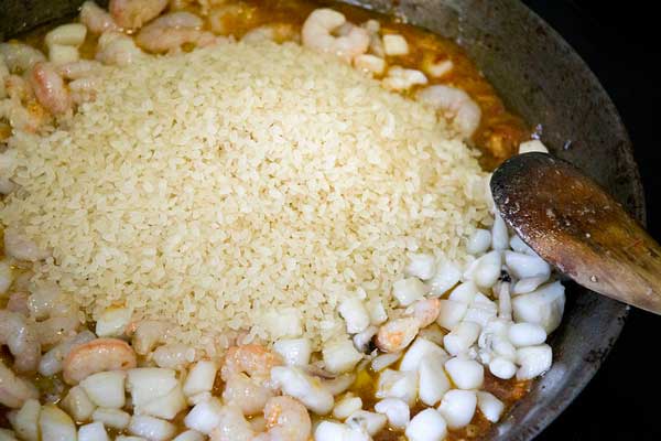 Preparación de un arroz con sepia y gambas