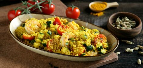 imagen receta Cous cous con verduras y langostinos
