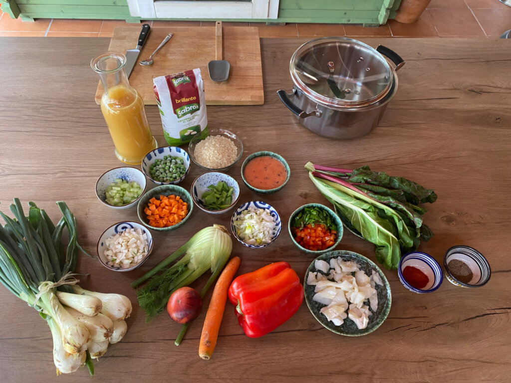 Ingredientes para hacer Arroz con verduras y bacalao