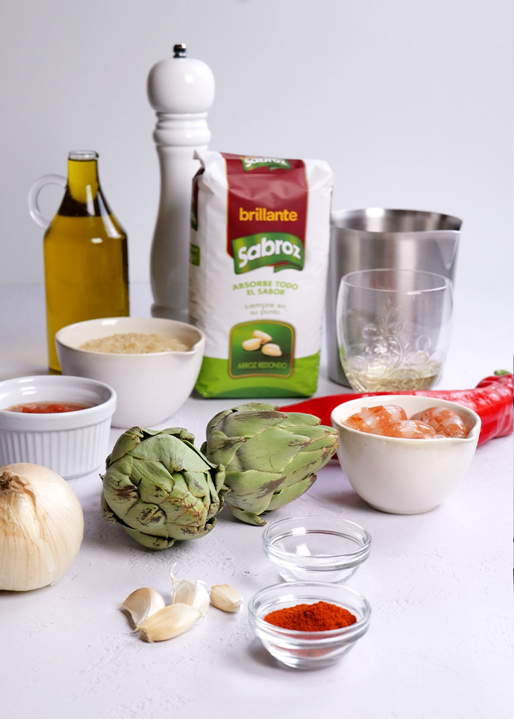 Ingredientes de Arroz con alcachofas y gambas