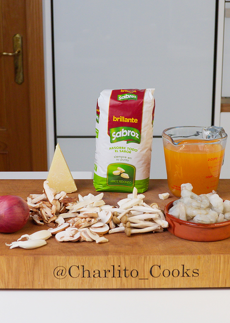 ingredientes para risotto de gambas y setas