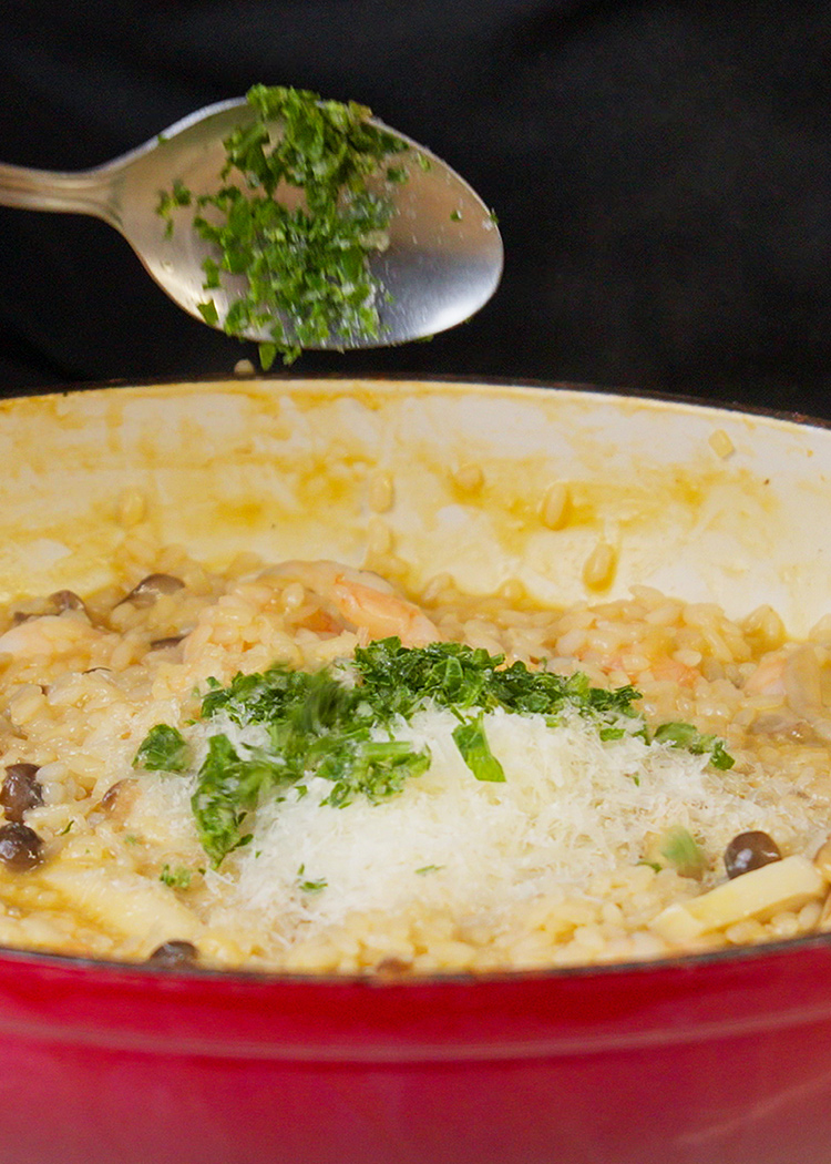 toque fresco para risotto de gambas y setas