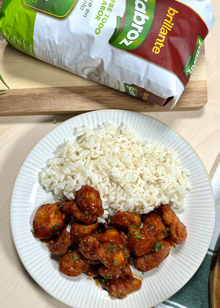Presentación de Pollo frito con arroz