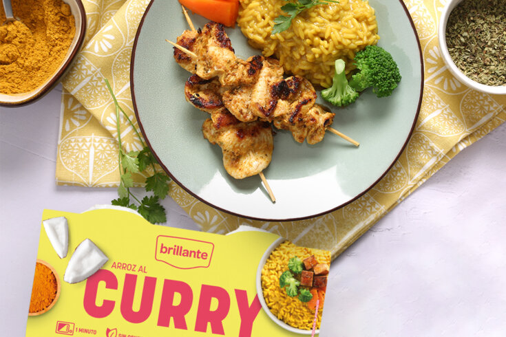 arroz al curry con pinchitos morunos