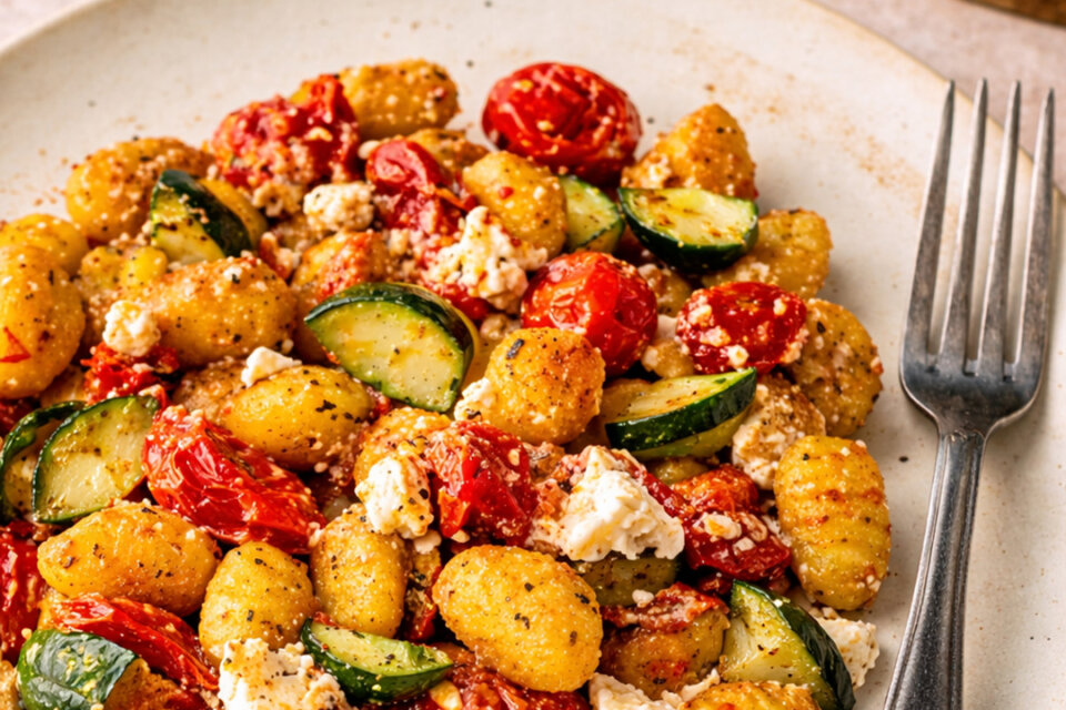 ñoquis con verduras y feta