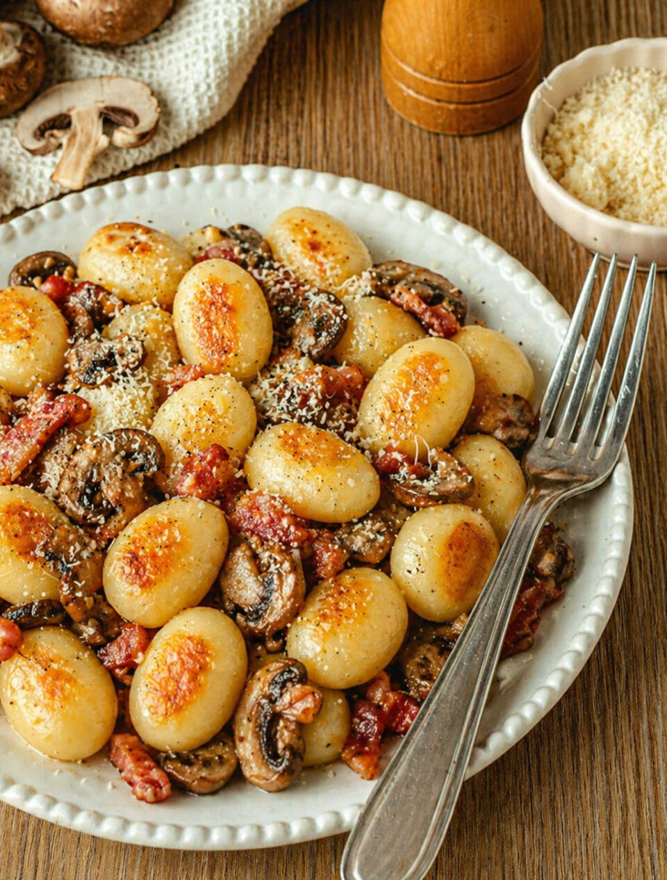 ñoquis setas y bacon
