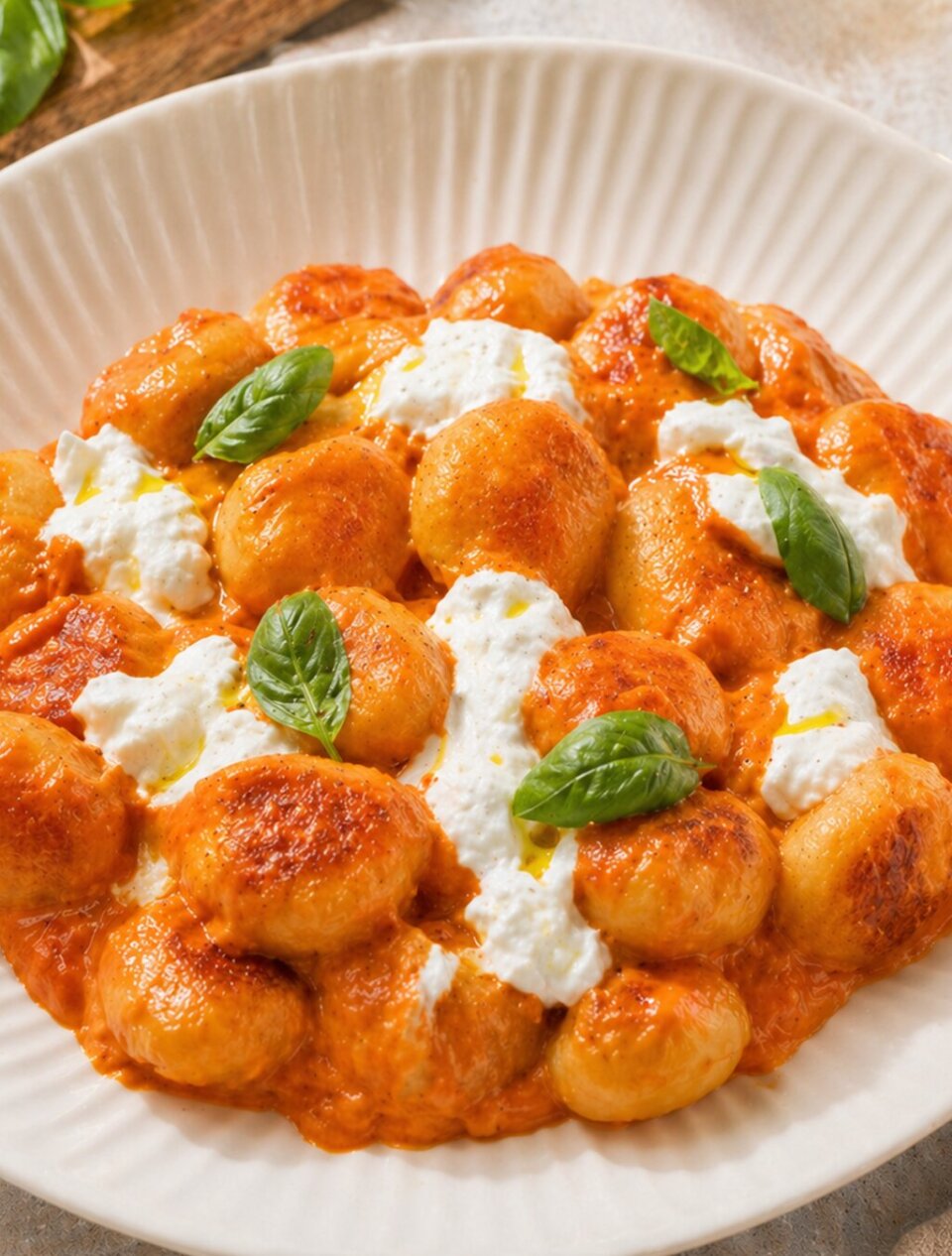 emplatado ñoquis con tomate seco y burrata