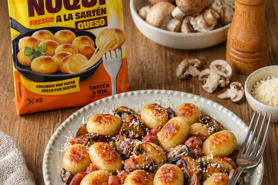 Ñoquis con setas y bacon
